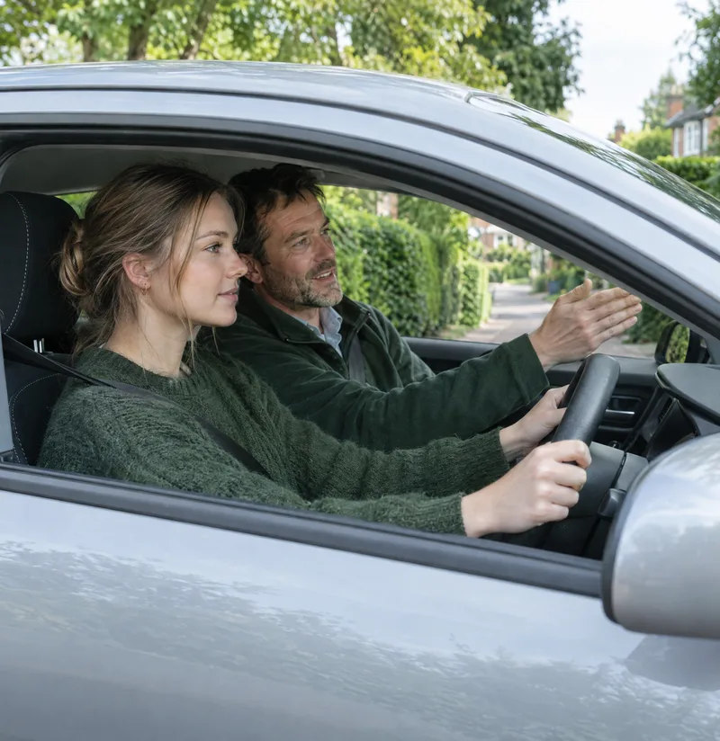 A learner driver at the wheel with her instructor beside her on a quiet residential street