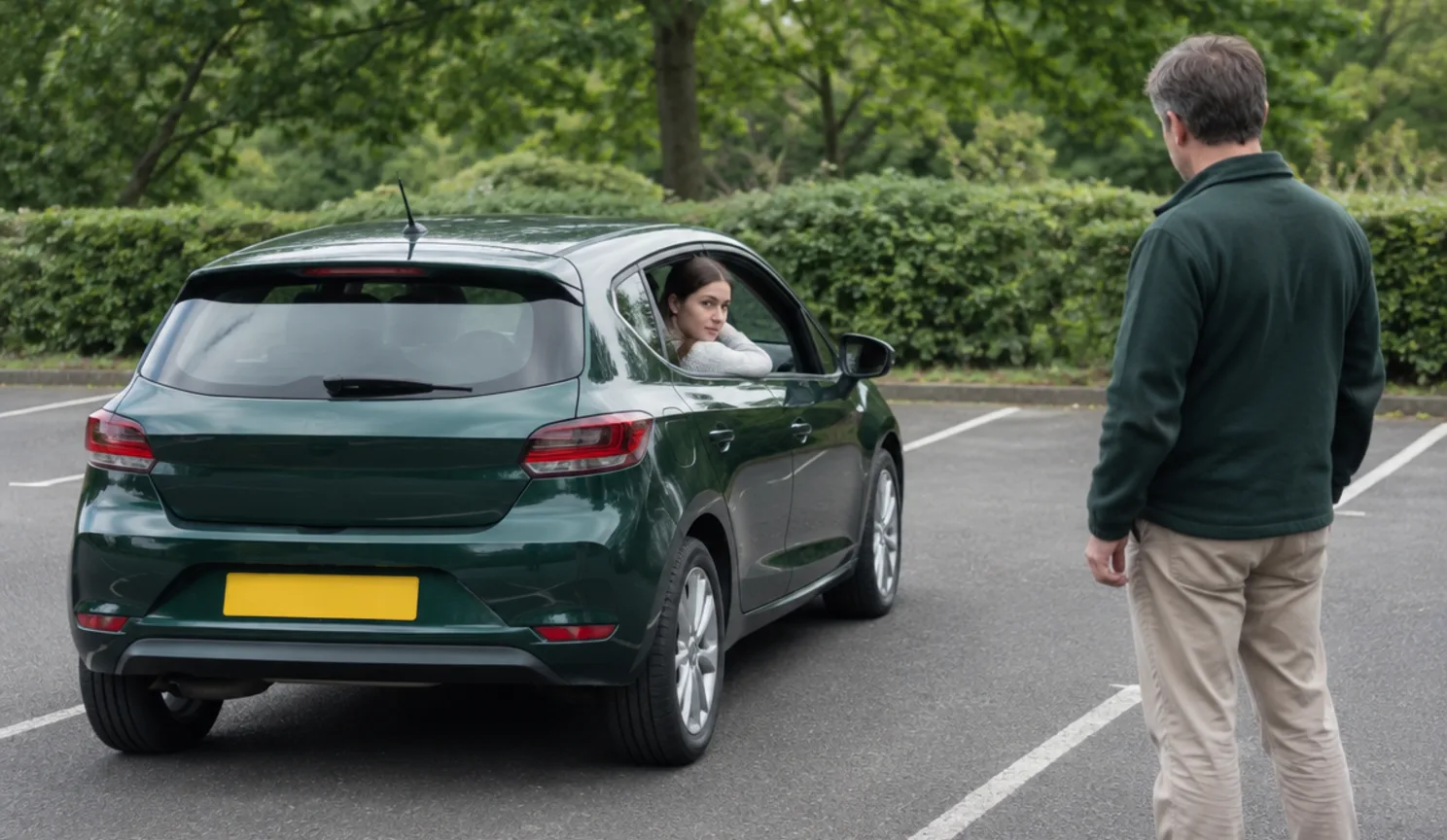 A learner reversing into a marked bay while her instructor watches