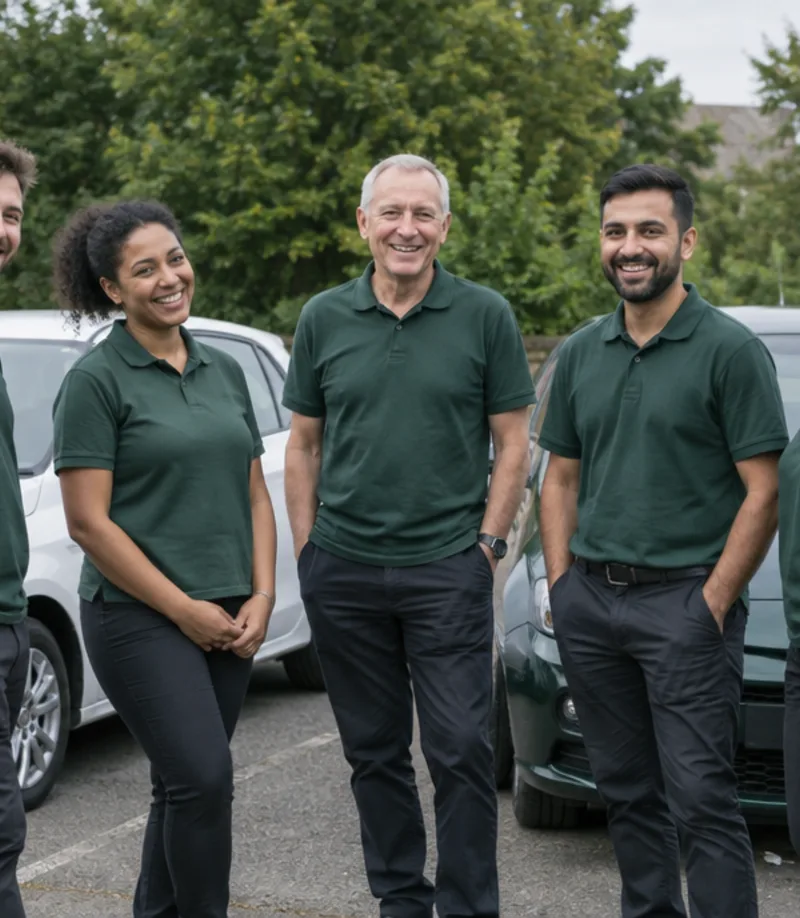 The Greenlight instructors standing together in front of two school cars
