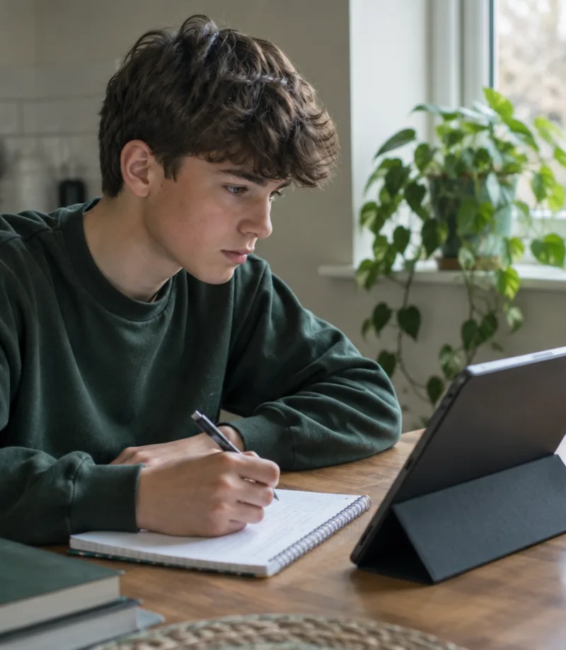 A learner revising for the theory test at a kitchen table