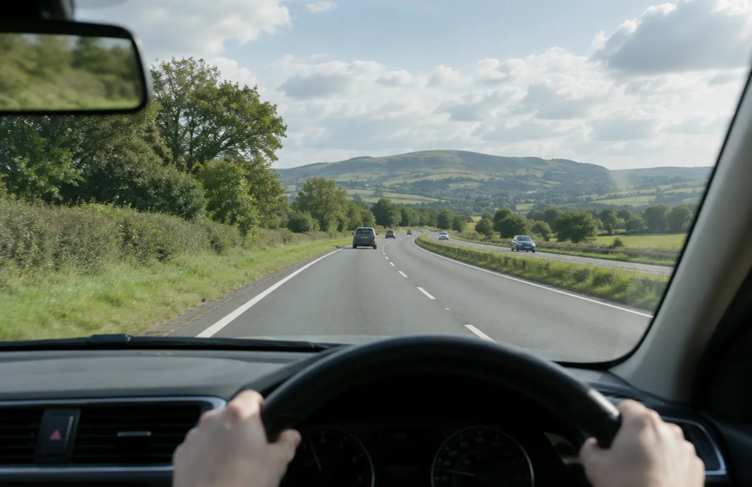The view forward from the driver's seat as a learner joins a quiet dual carriageway