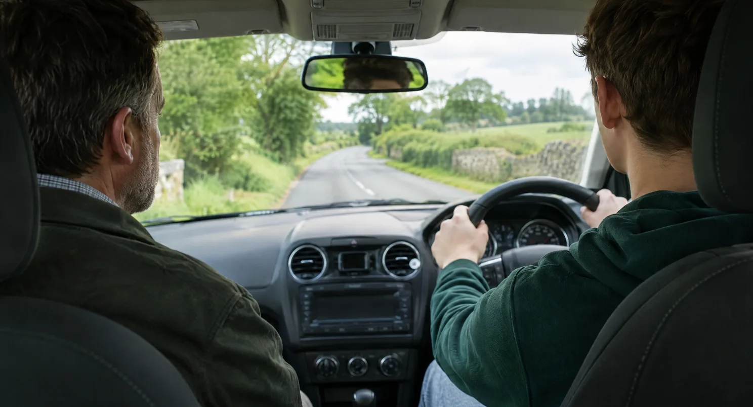 An instructor watching the road calmly from the passenger seat while a learner drives