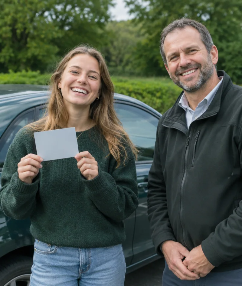 A learner celebrating outside the car with her pass certificate, her instructor beside her