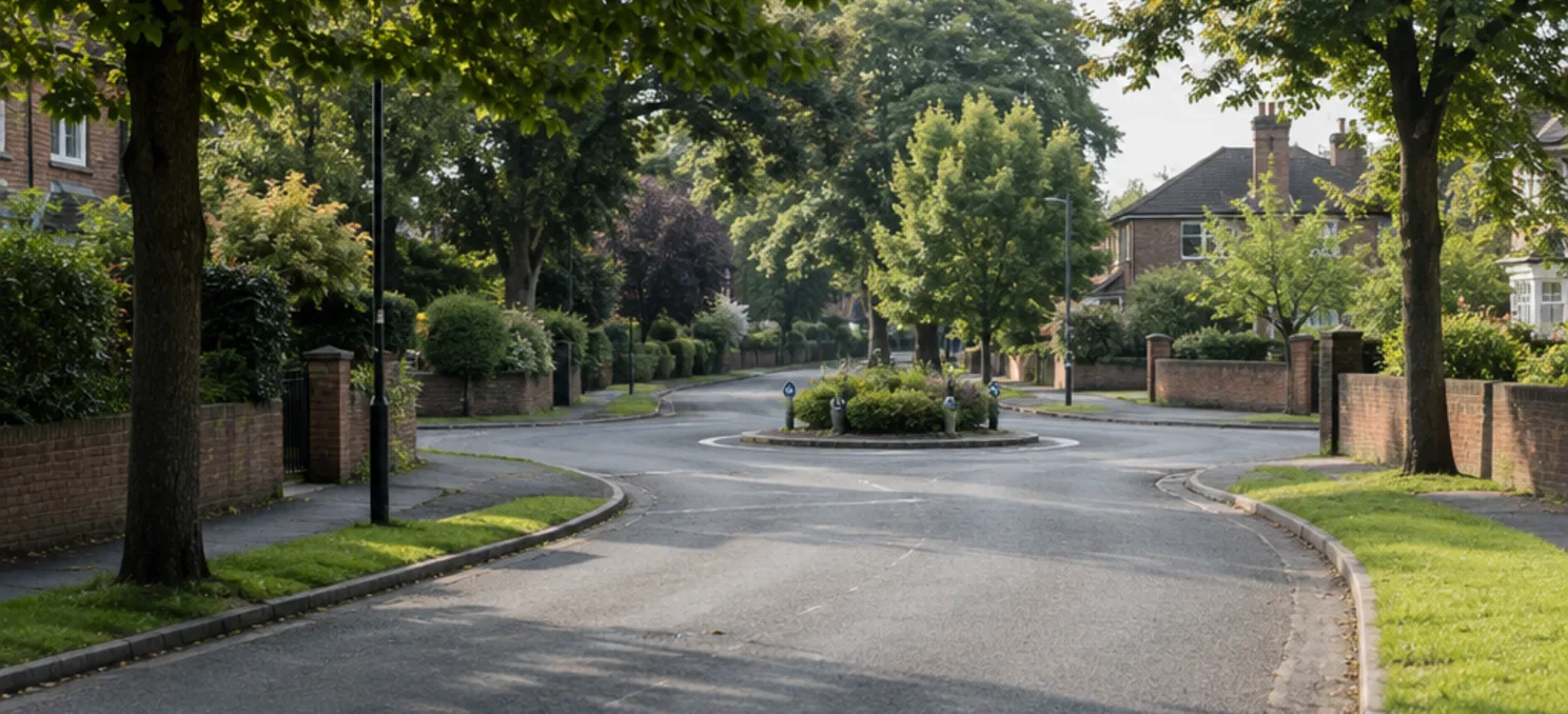 A quiet residential street with a mini-roundabout, the kind used on local test routes