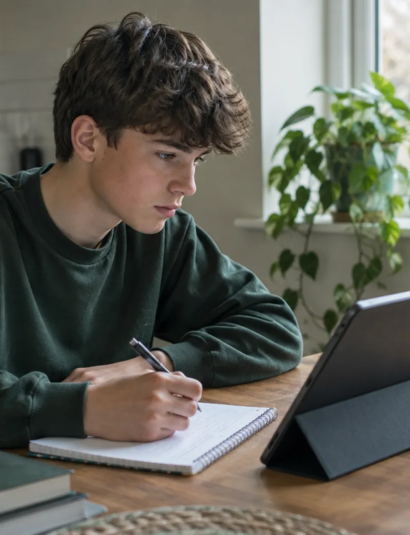 A learner revising for the theory test at a kitchen table