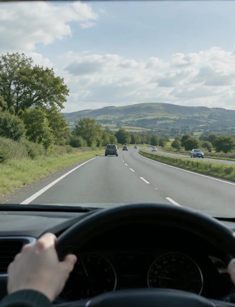 The view forward as a learner joins a quiet dual carriageway