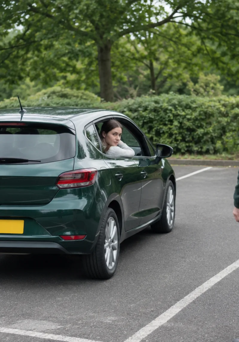 A learner reversing into a marked bay while her instructor watches