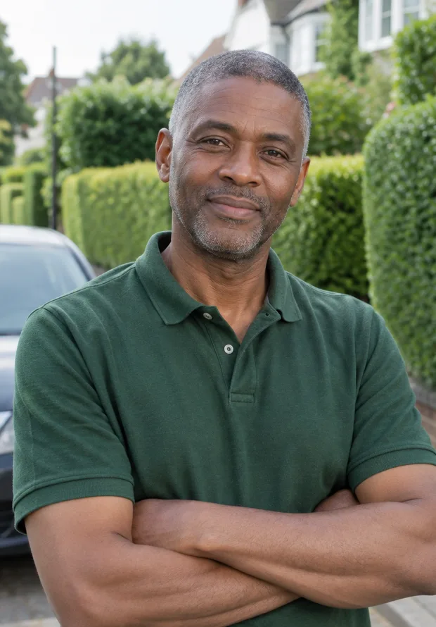 Marcus Ayodele, driving instructor, on a quiet residential street